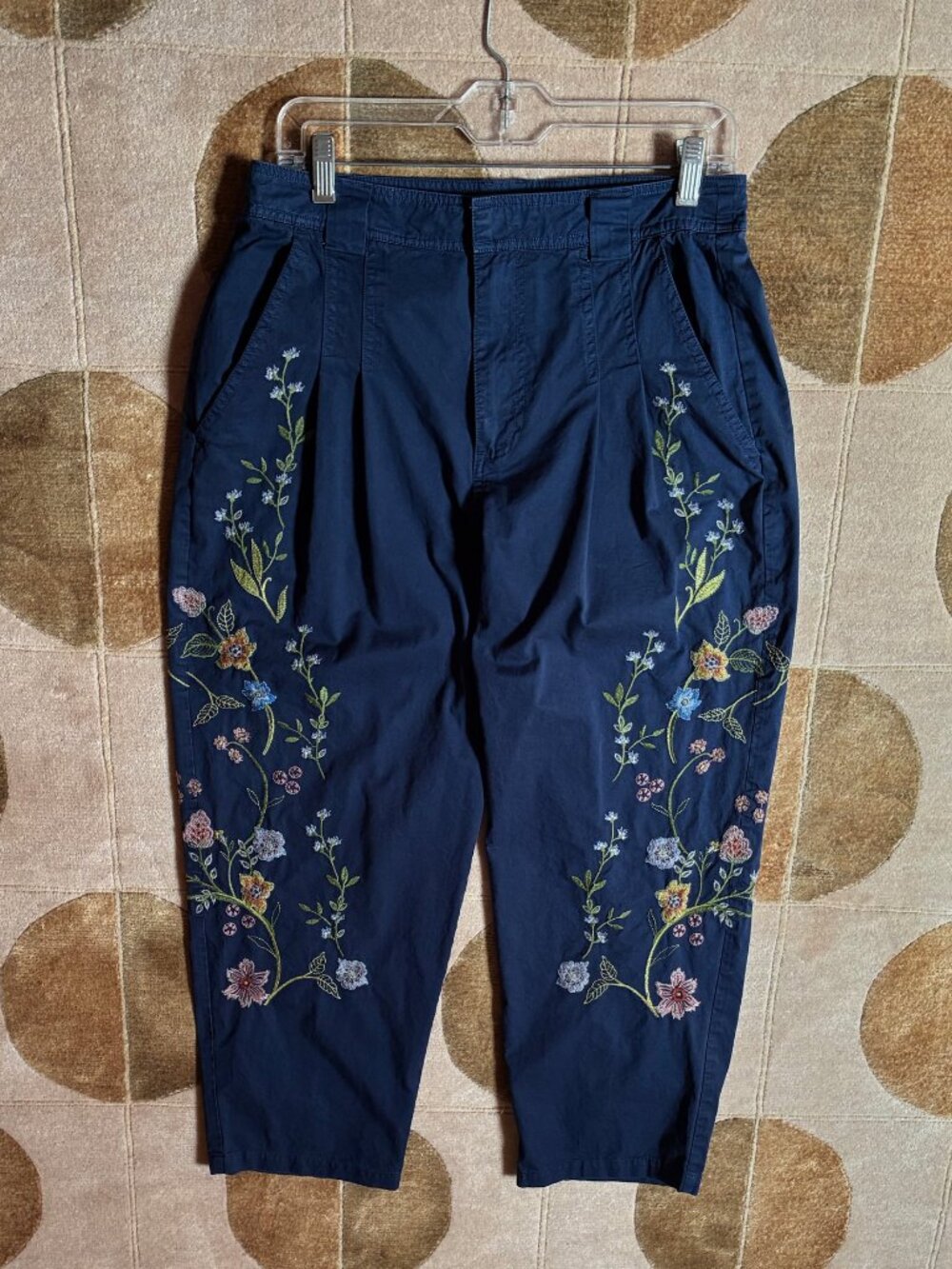 Embroidered Navy Blue Barrel Pants, Size 8